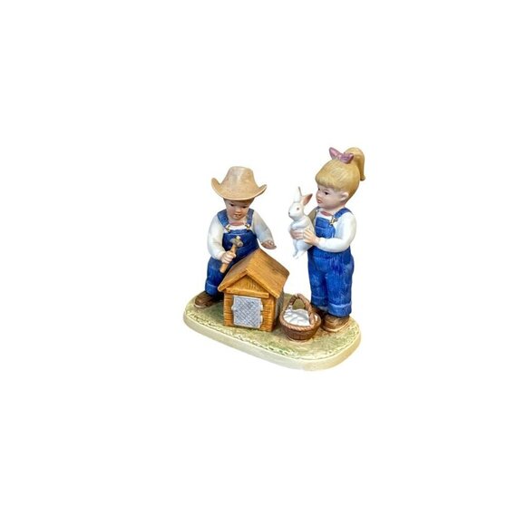 1985 Vintage Denim Days 1514 Danny and Debbie Bunny Hutch Figurine By Homco - Picture 8 of 10
